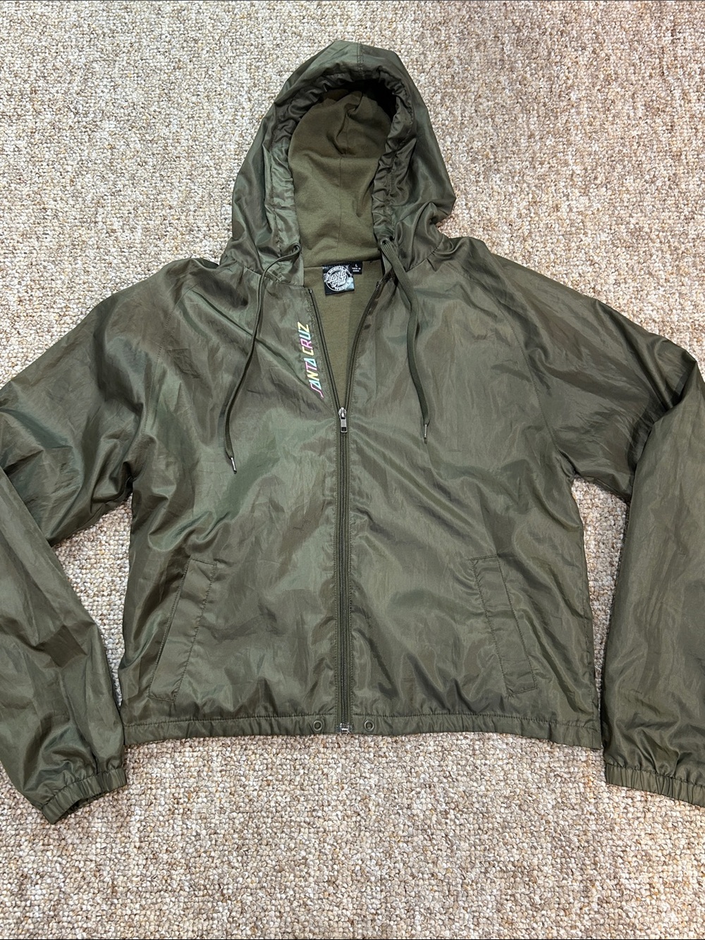 The Original Santa Cruz Skateboard Olive Green Hooded Windbreaker Jacket L